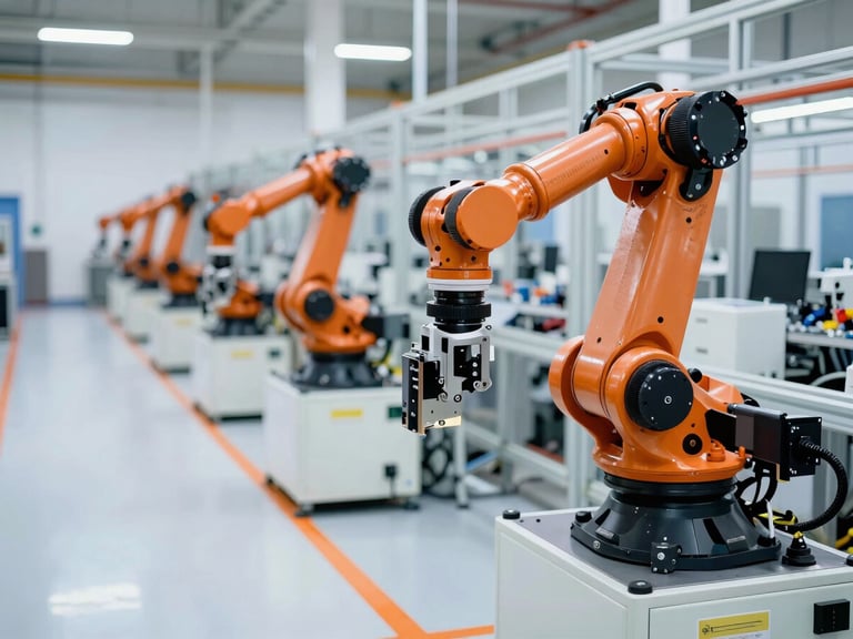 Crisp industrial photography of high-tech manufacturing facility, bright cool daylight, robotic assembly arms, orange safety lines, 35mm lens