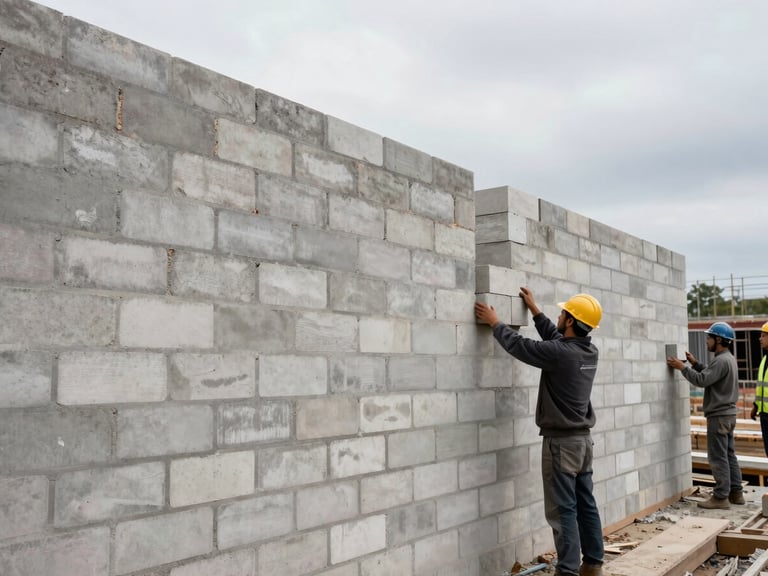 Wide environmental view of a partially assembled AAC block wall on an active construction site, crew member from behind placing a block into position, overcast daylight, site context visible, no faces, no text