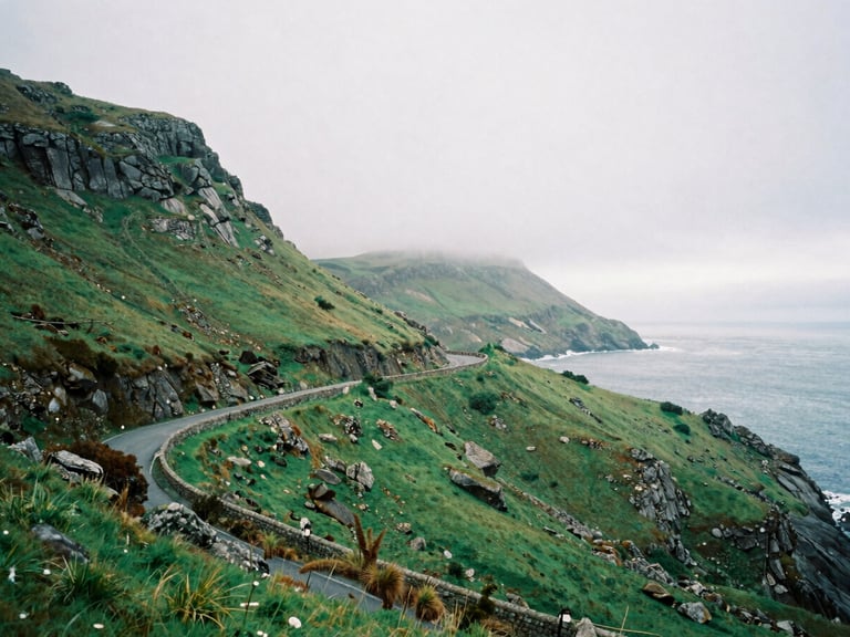 A narrow winding coastal road through lush green Galician hills under a misty grey sky, soft daylight, 35mm film
