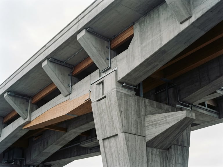 Architectural close-up of a modern concrete bridge structure under soft overcast daylight, clean lines, structural depth, 35mm lens