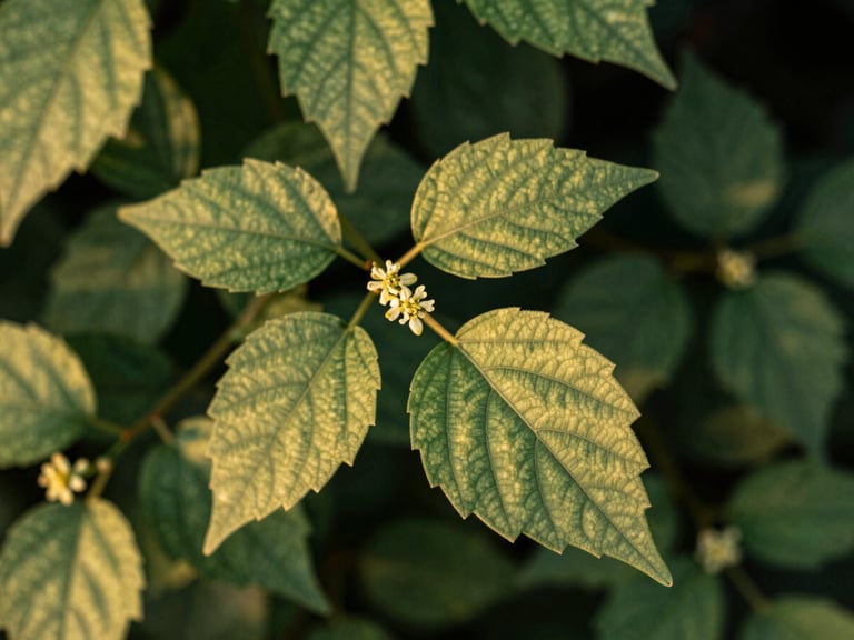 Macro shot of Pol-Pala (Aerva lanata) leaves and delicate flowers, natural light emphasizing texture, deep green and subtle gold hues, premium editorial botanical photography.