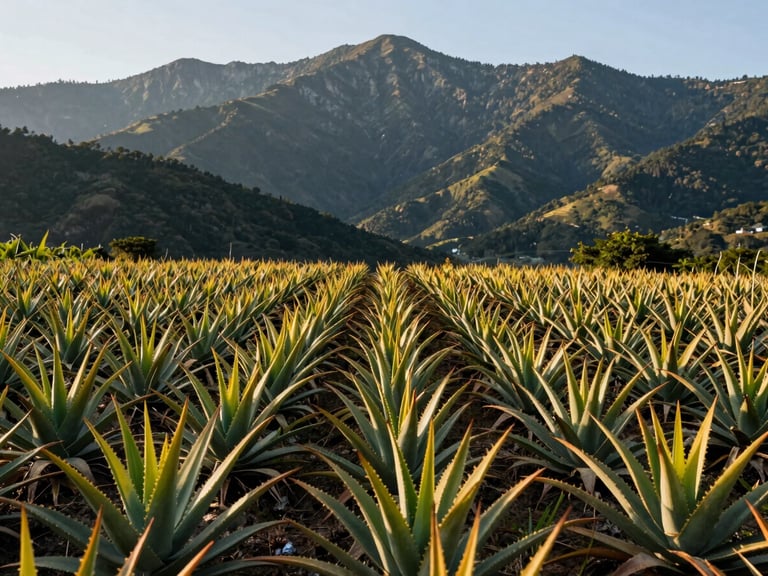 Wide shot of Aloe plants in neat rows under the Georgian mountains, crisp daylight, premium editorial photography, deep forest green and gold tones, 35mm