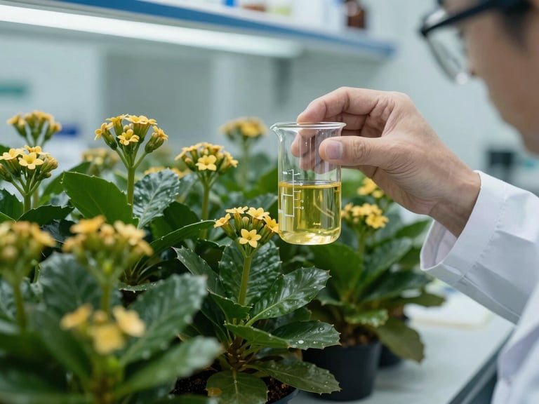 Laboratory setting, scientist examining Kalanchoe extract in a beaker, sterile environment, crisp lighting, premium editorial photography, deep forest green and gold tones, 35mm
