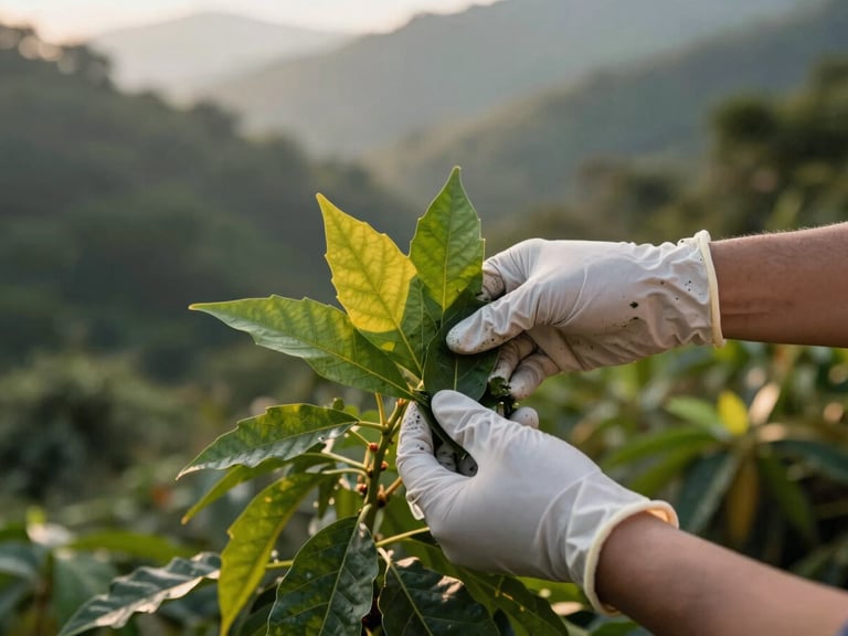 Hands in clean gloves gently harvesting Pol-Pala leaves, focus on the plant, soft morning light, premium editorial photography, deep forest green and gold tones, 35mm