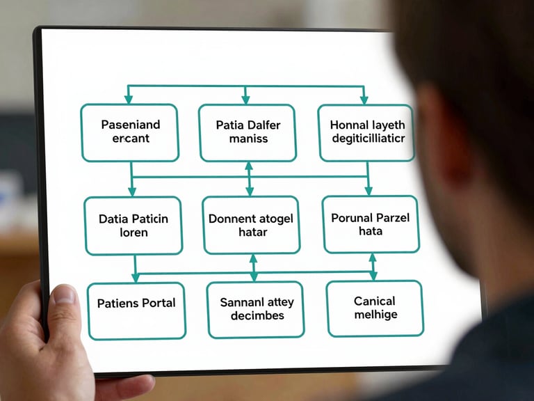 A clean vector schematic showing data flow blocks connecting a patient portal to an internal clinical database, structured grid layout, crisp teal lines.