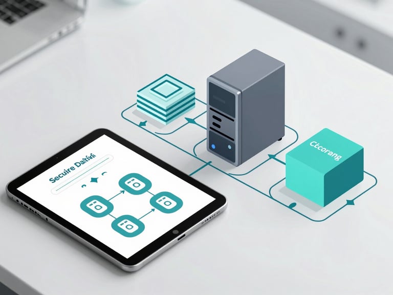 Clean vector schematic showing secure data flow between a clinic tablet, a SOC 2 compliant database server, and an encrypted storage block, clinical teal accents, technical blueprint style.
