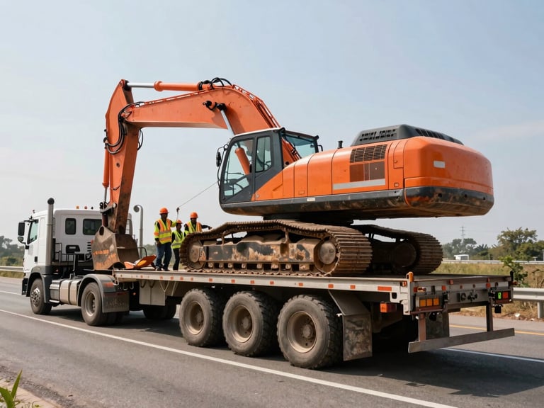 Massive lowboy trailer transporting an oversized excavator on a highway, team member in high-visibility gear securing load, bright natural daylight, safety-orange accents, rugged industrial photography.