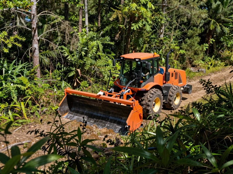 Heavy-duty mulcher clearing dense Southern forest, bright natural daylight, high-contrast green foliage and safety-orange machinery, rugged industrial photography.