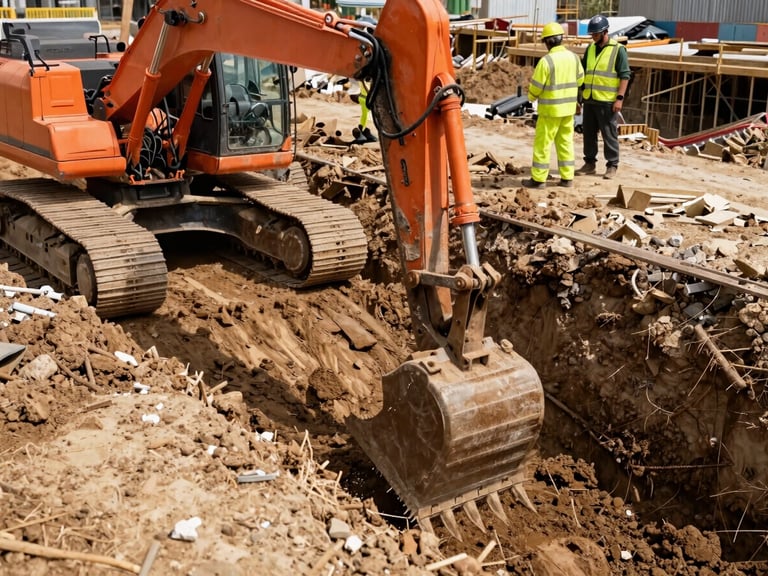 Excavator digging a trench for utility lines on a construction site, team member in high-visibility gear supervising, bright natural daylight, safety-orange accents, rugged industrial photography.