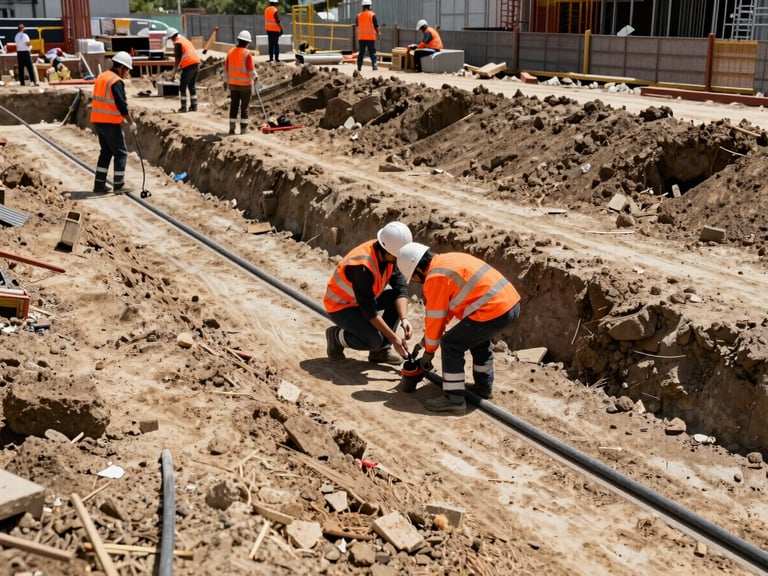 Team members in high-visibility gear working on underground utility lines at a construction site, bright natural daylight, safety orange accents, wide-angle lens