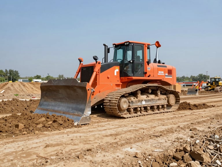 Large bulldozer precisely grading a commercial development site, bright natural daylight, perfectly leveled earth, safety-orange equipment, rugged industrial photography.