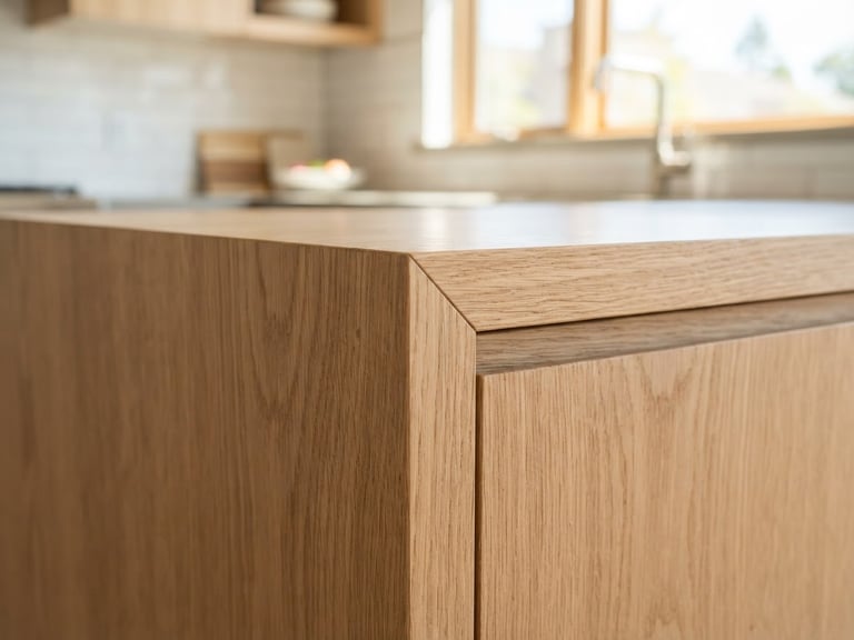 Close-up of a perfectly jointed custom cabinet corner, bright natural daylight, crisp architectural photography, sharp focus, high-end residential interior, 35mm lens