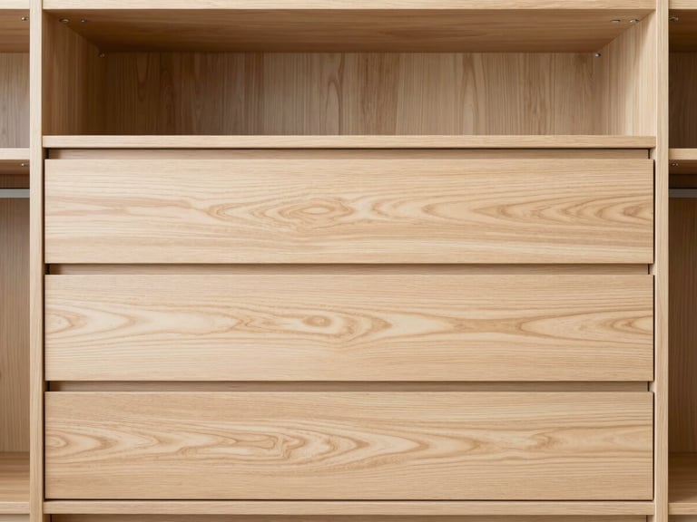 A luxurious walk-in closet with custom light wood cabinetry and drawers, showing grain matching and seamless integration, bright natural light.