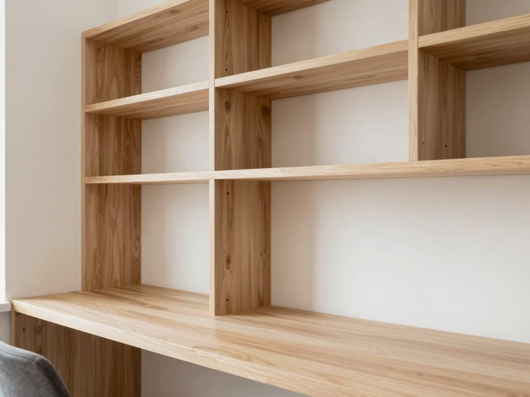 A modern home office with custom built-in shelving and desk, light wood, scribed perfectly to an uneven plaster wall, bright daylight, sharp focus.