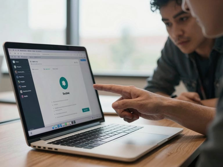 Close-up of hands pointing at a laptop screen showing a Slack interface with an active automation bot thread, team member beside them leaning in, natural daylight from a nearby window, conference room table visible in foreground