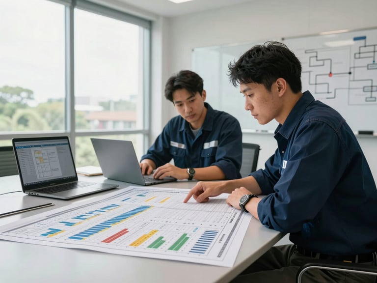 Wide environmental shot of two operations team members reviewing a printed dashboard report spread across a conference table, one pointing at a row of figures, daylight through floor-to-ceiling windows, laptops open, whiteboards with process sketches behind them