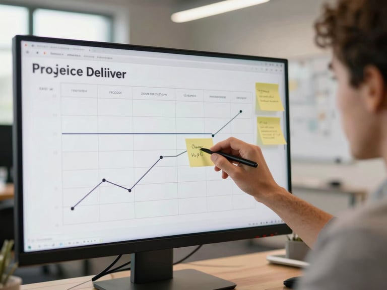 Over-the-shoulder view of a project timeline on a large monitor, sticky notes and a whiteboard sketch visible to the right, team member's hand tracing a delivery milestone, warm natural office light, open-plan workspace softly blurred in background