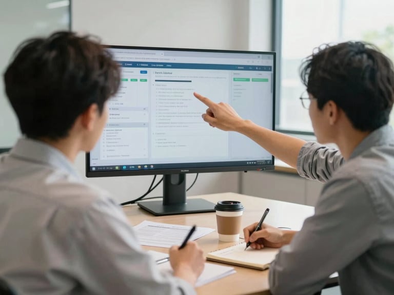 Over-the-shoulder view of two people in a conference room, one pointing at a dashboard on a large monitor mid-analysis, the other taking notes in a notebook, natural window light from the right side, coffee cups and printed documents visible on the table, relaxed focused working atmosphere