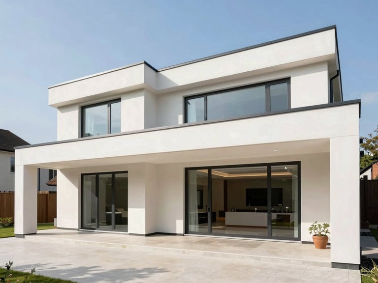 Wide-angle architectural photograph of a luxury home extension in Cheshire, bright natural daylight, clean structural lines, 35mm lens
