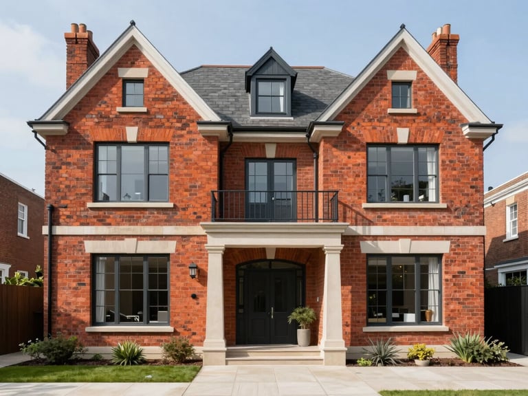 Exterior architectural shot of a restored red-brick Edwardian villa with clean modern landscaping, bright daylight