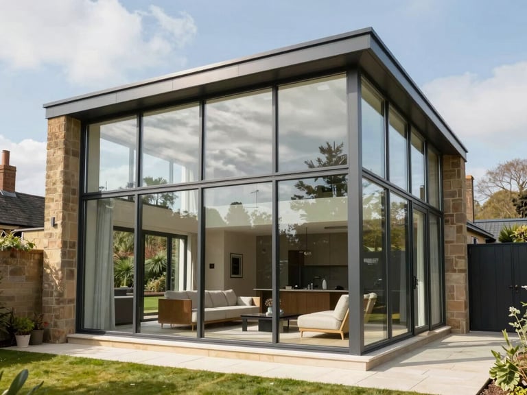 Premium architectural interior shot of a luxury double-storey glass extension on a Cheshire manor, bright natural daylight