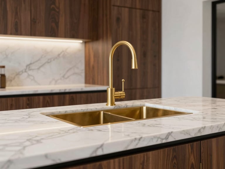 Close-up of a luxury kitchen island with a marble countertop, brushed brass fixtures, and bespoke dark timber cabinetry, soft architectural lighting, sharp focus