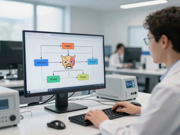 Visualización de red neuronal generativa en una pantalla, con un profesional analizando datos en un laboratorio tecnológico.
