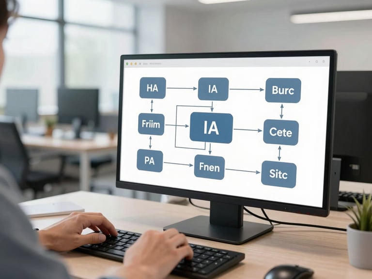 Diagrama de flujo de automatización con nodos de IA en una pantalla, manos de un ingeniero sobre un teclado, oficina moderna.