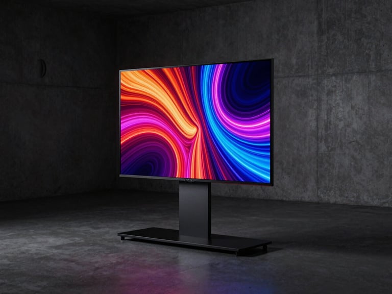 Sharp commercial photography of a slim digital standee in a minimalist concrete gallery, high-contrast dark ambient lighting, vibrant screen glow, 50mm lens