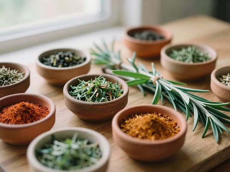 Close-up of fresh, vibrant spices and herbs on a wooden board, some in small ceramic bowls, indicating ingredients, soft natural light, warm tones, 35mm