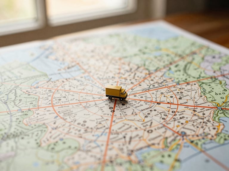 Overhead close-up of a map showing a 5-mile radius around Manchester, UK, with a small delivery truck icon, soft natural light, warm tones, 35mm