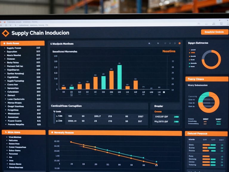 High-contrast data dashboard displaying complex supply chain metrics, with a subtle hint of safety orange in the UI elements, cool crisp lighting, sharp focus, 35mm.
