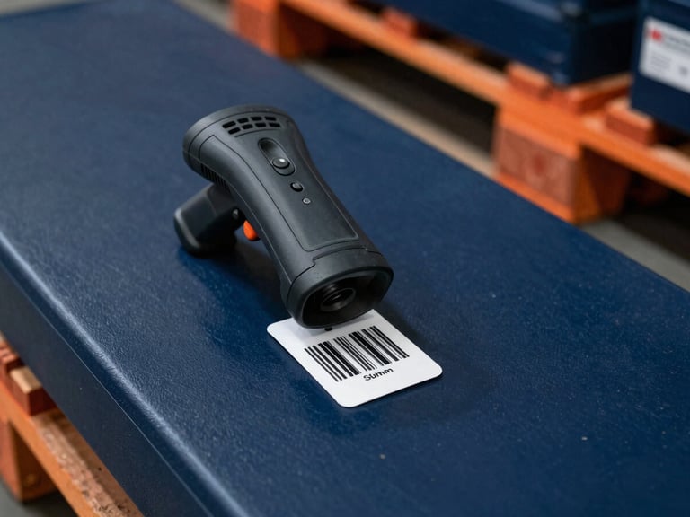 Close-up of rugged barcode scanner interacting with an inventory tag on a pallet in a cool, crisp warehouse environment, deep slate and safety orange tones, sharp focus, 35mm.
