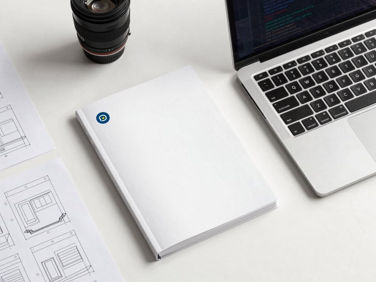 Top-down organized desk layout with a physical brand mockup book, a laptop showing clean code, and wireframe sketches under crisp neutral white lighting.