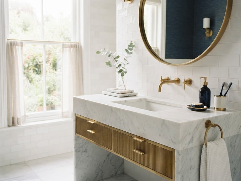 Bright architectural photography of a luxury master bathroom vanity, clean white marble, warm brass fixtures, soft natural window light, editorial style, 35mm.