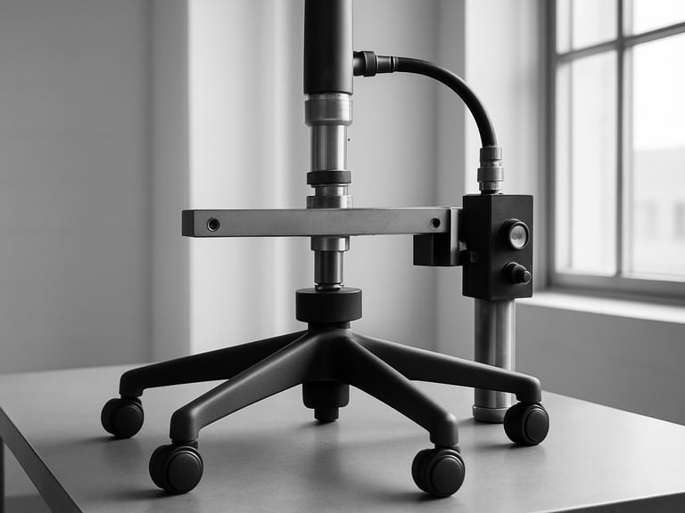 Close-up of a pneumatic testing apparatus measuring load fatigue on an ergonomic chair base, high-contrast black-and-white, sharp architectural focus