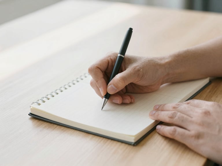 Medium close up of hands writing in a clinical notebook on a wooden desk, soft diffused natural daylight, geometric intersections of light