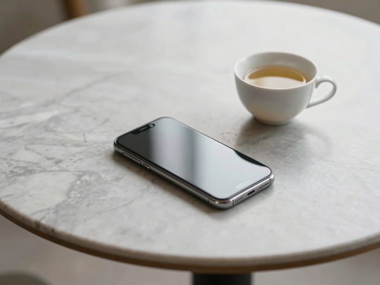 A smartphone resting on a minimalist marble table next to a cup of tea, soft daylight, serene and grounding