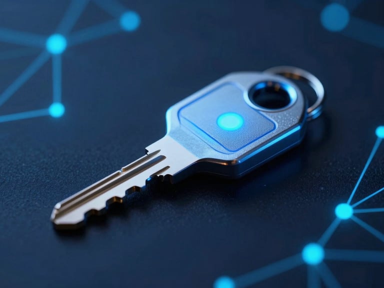 Close-up of a secure hardware key with glowing blue light, against a dark, abstract digital network background, cool blue and cyan ambient studio lighting, sharp macro focus, 35mm.