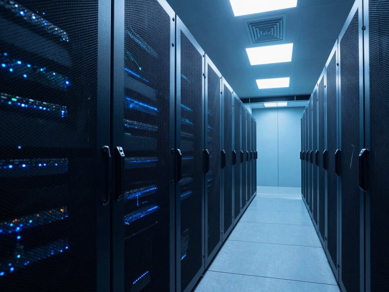 Wide, dramatic architectural perspective of a modern data center aisle with cool blue lighting, emphasizing structure and security, high-contrast studio lighting, 35mm.