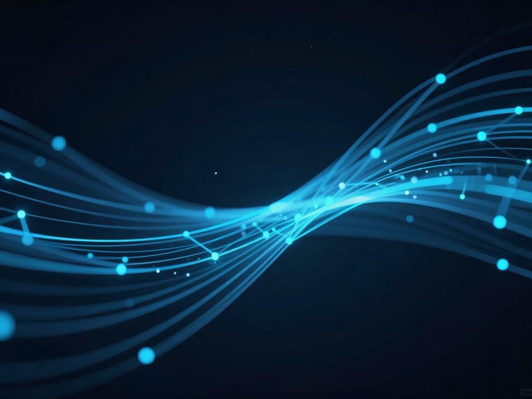 Abstract digital network lines flowing through a dark, high-tech environment, with subtle cyan glows, cool blue ambient studio lighting, sharp macro focus, 35mm.