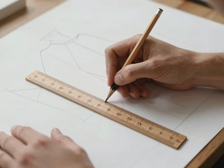 Close-up of hands drafting a garment pattern with a pencil and wooden ruler on heavy craft paper, soft natural daylight, minimalist aesthetic.