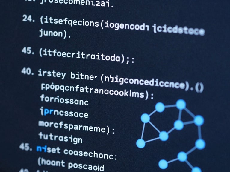 Macro close-up of a high-resolution dark mode screen displaying structured JSON data blocks and node graphs, illuminated by crisp electric blue studio lighting.