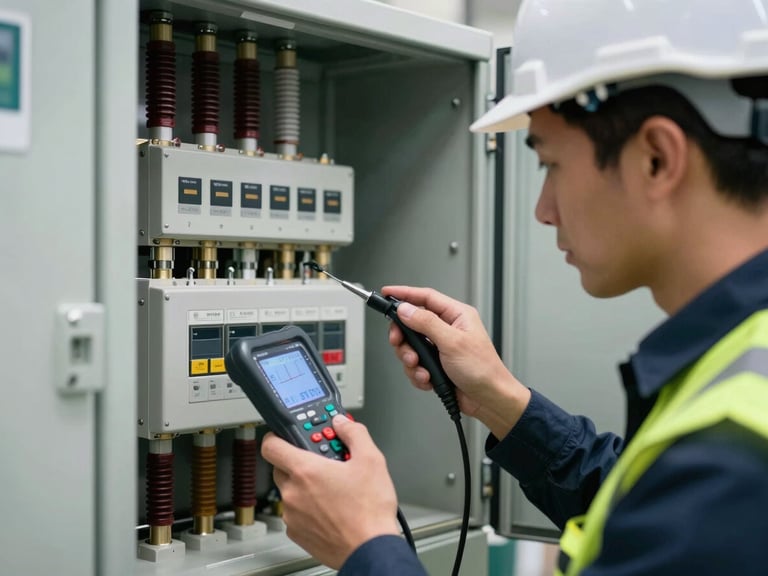 Close-up macro shot of an industrial technician in high-vis vest and hard hat inspecting high-voltage electrical panels with diagnostic tools, sharp industrial lighting.
