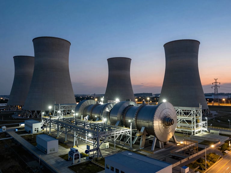 Wide panoramic view of a massive modern power generation facility at dusk, steel turbines and high-voltage infrastructure, dramatic high-contrast lighting.
