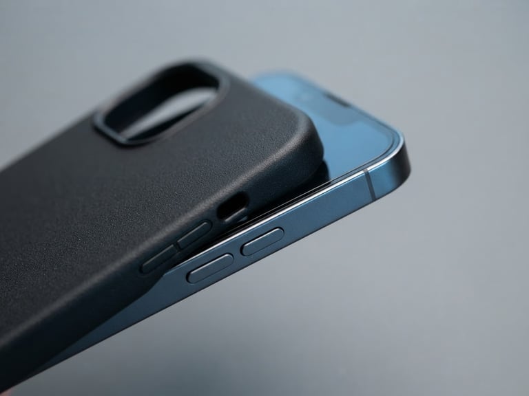 Macro photography of a premium matte black protective phone case being fitted onto a clean smartphone chassis, clinical bright studio lighting, subtle electric blue reflections
