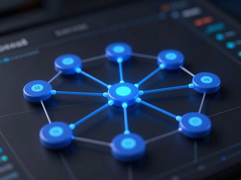 Extreme close-up of a 3D digital interface, Unreal Engine node graph with glowing blue connections, dark high-contrast studio lighting.