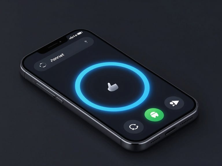 Sleek dark-mode digital rendering of an Android phone screen showing a thumb-optimized circular menu, electric blue accent lighting, isometric angle, 3d render