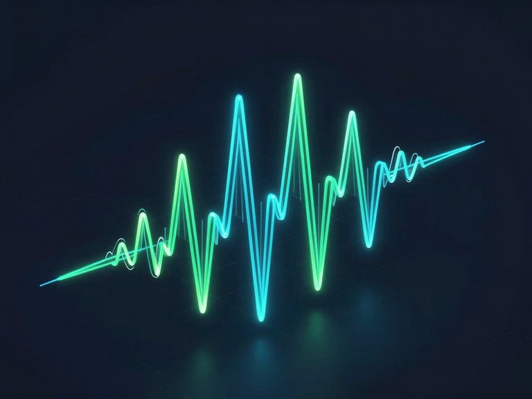 Sleek dark-mode digital rendering of glowing vector lines representing haptic vibration waves, neon green accent lighting, isometric angle, 3d render
