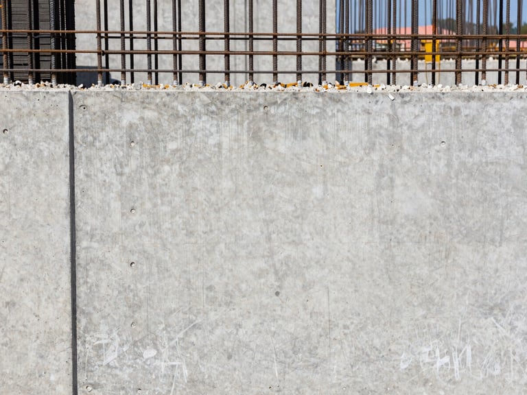 Straight-on architectural shot of a newly cast concrete wall and steel reinforcement bars, bright natural daylight, high-contrast industrial tones, sharp focus, 35mm lens